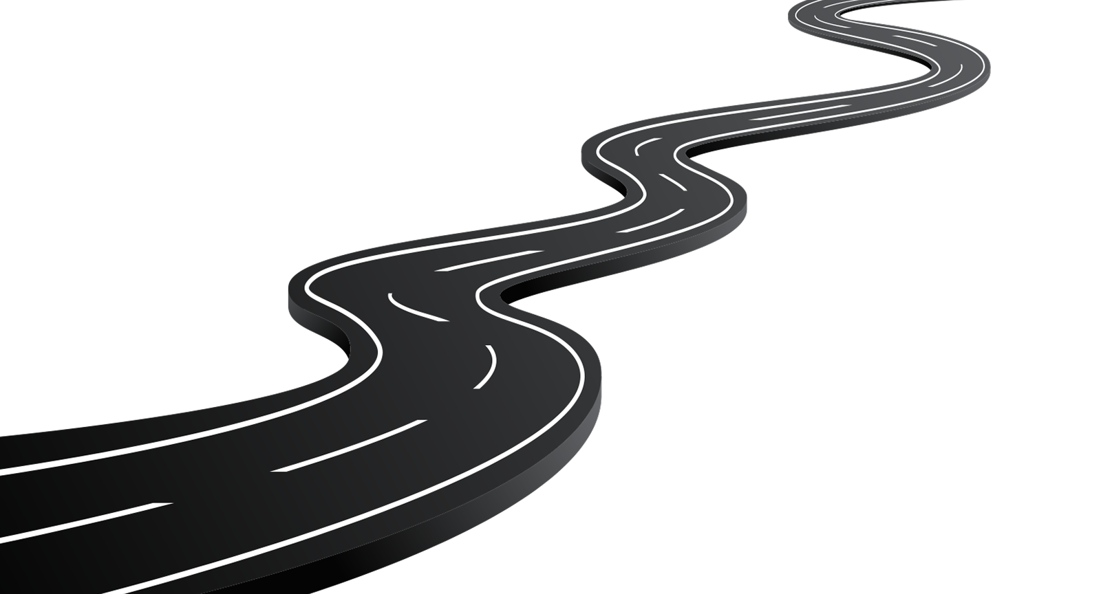 Curved black road segment on transparent background representing a journey.